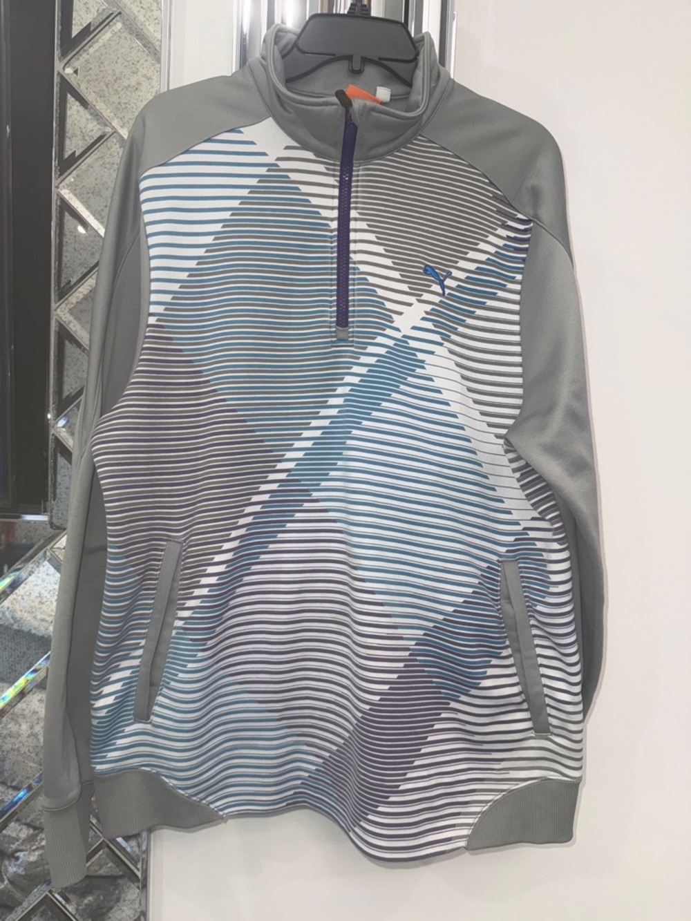 Puma Gray Pullover with Blue Accents and Striped Geo Pattern